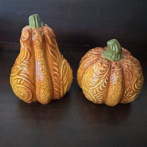 Pier 1 Pumpkin Gourd Salt Pepper Shakers Orange Ceramic Fall Thanksgiving Decor